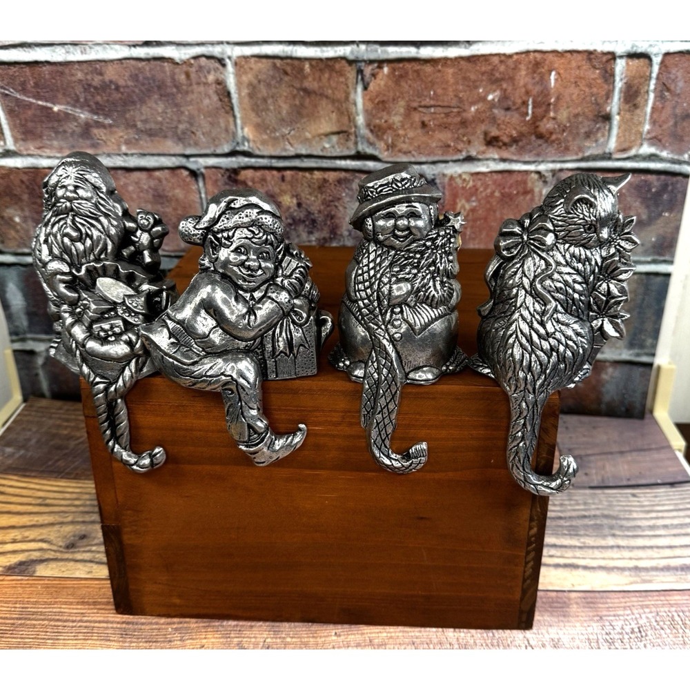 4 Vtg Carson Pewter Christmas Stocking Hanger Hooks‎ Shelf Sitters Cat Elf Santa